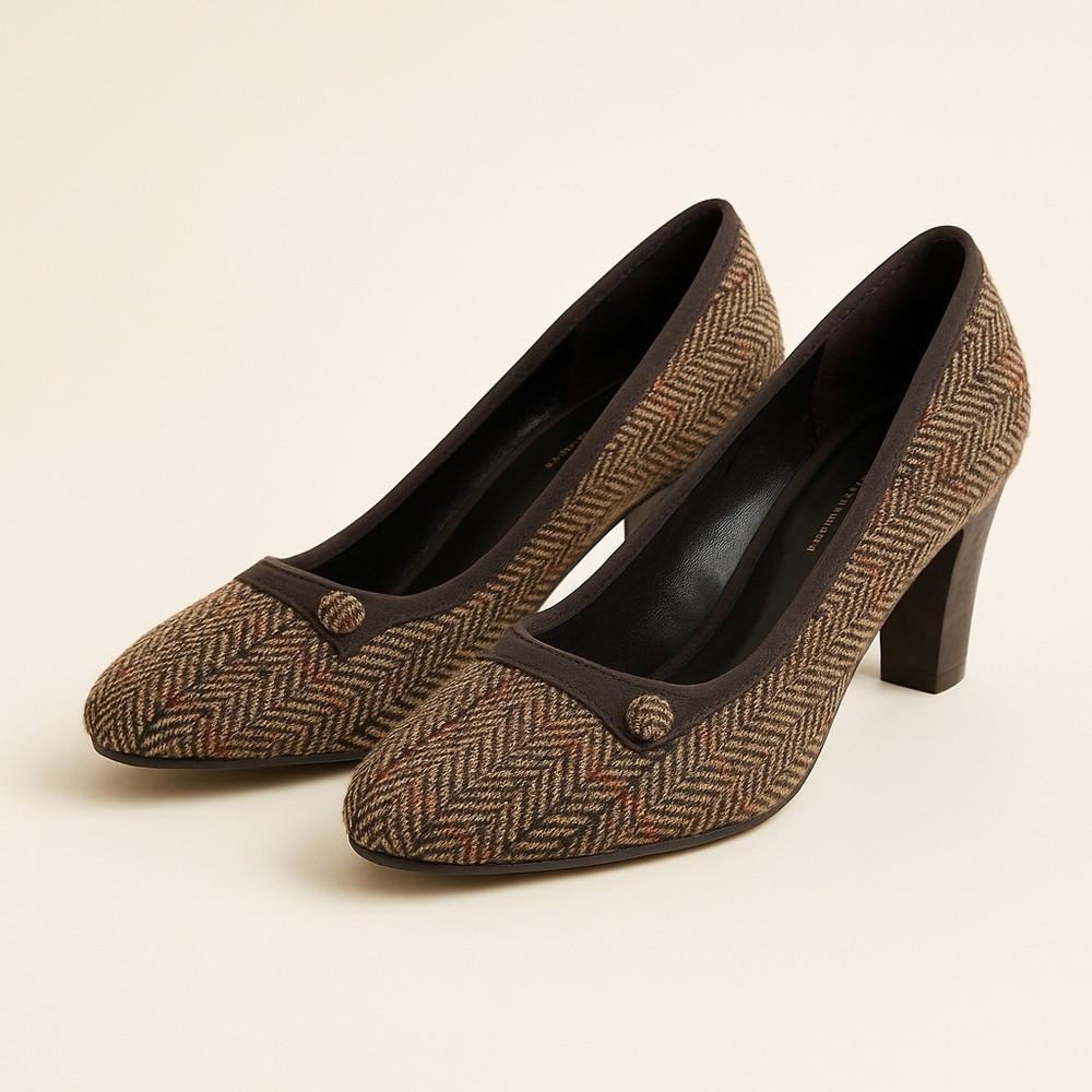 Soft Style Tweed Herringbone Heels Brown Plaid Pump Classic Retro Chic 👠✨ - Picture 1 of 16